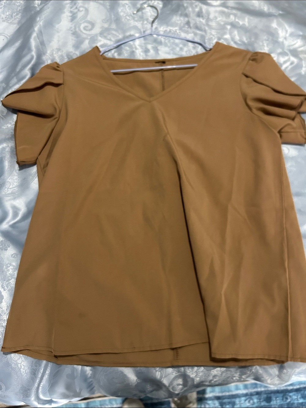 Womens Tan V-Neck Puff Sleeve blouse